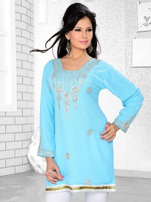 Sky Blue Embroidered Faux Georgette Kurti