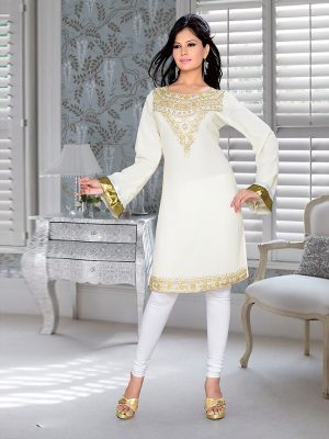 Off White Embroidered Faux Georgette Kurti