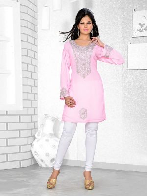 Baby Pink Embroidered Faux Georgette Kurti
