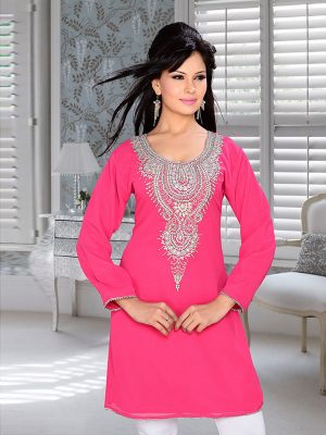 Fuchsia Pink Embroidered Faux Georgette Kurti