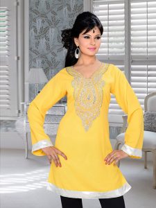 Yellow Embroidered Faux Georgette Kurti