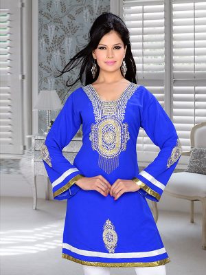 Royal Blue Embroidered Faux Georgette Kurti