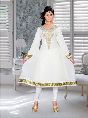 Off White Embroidered Faux Georgette Kurti