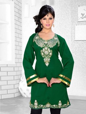 Bottle Green Embroidered Faux Georgette Kurti