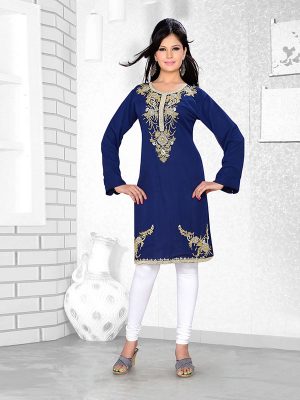 Dark Blue Embroidered Faux Georgette Kurti