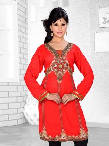 Red Embroidered Faux Georgette Kurti