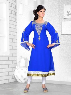 Royal Blue Embroidered Faux Georgette Kurti