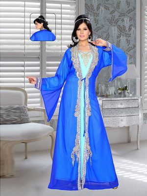 Royal Blue And Sky Blue Embroidered Faux Georgette Kaftan