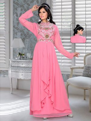 Baby Pink Embroidered Faux Georgette Kaftan