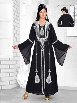 Black Embroidered Faux Georgette Kaftan