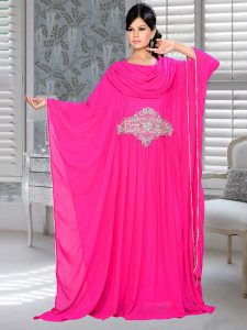 Fuchsia Pink Embroidered Faux Georgette Farasha