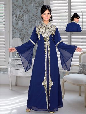 Navy Blue Embroidered Faux Georgette Kaftan