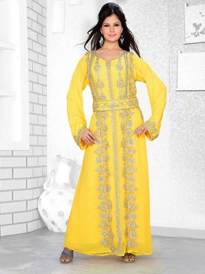 Yellow Embroidered Faux Georgette Kaftan