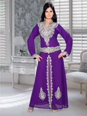 Purple Embroidered Faux Georgette Kaftan