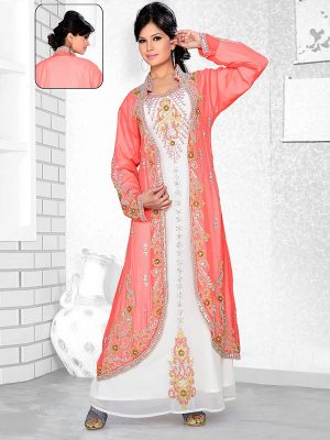 Coral And Off White Embroidered Faux Georgette Kaftan