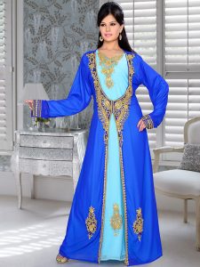 Royal Blue And Sky Blue Embroidered Faux Georgette Kaftan