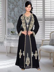 Black And Grey Embroidered Faux Georgette Kaftan