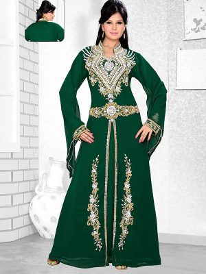 Bottle Green Embroidered Faux Georgette Kaftan