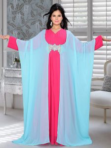 Sky Blue And Fuchsia Pink Embroidered Faux Georgette Farasha