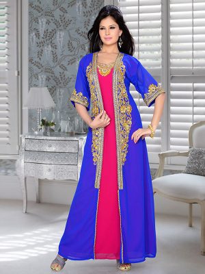 Royal Blue And Fuchsia Pink Embroidered Faux Georgette Kaftan