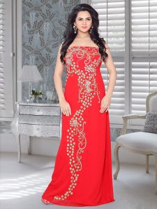 Red Embroidered Faux Georgette Fustan