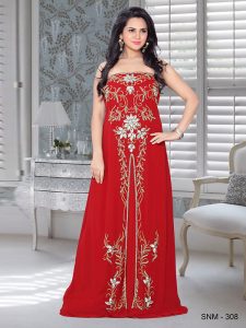 Red Embroidered Faux Georgette Fustan
