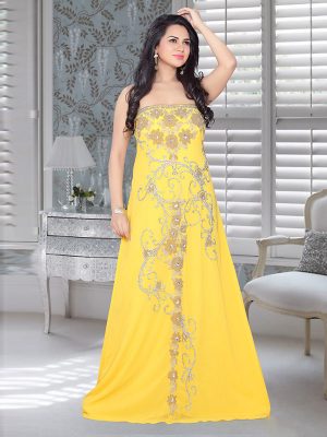 Yellow Embroidered Faux Georgette Fustan