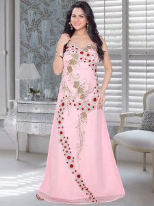 Baby Pink Embroidered Faux Georgette Fustan