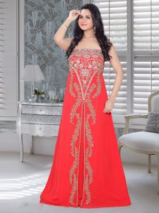 Red Embroidered Faux Georgette Fustan