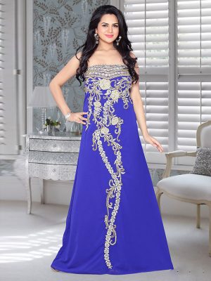 Royal Blue Embroidered Faux Georgette Fustan