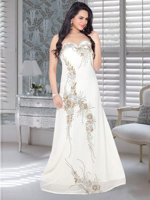 Off White Embroidered Faux Georgette Fustan