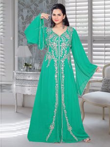 Sea Green Embroidered Faux Georgette Kaftan