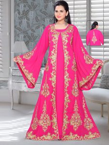 Fuchsia Pink Embroidered Faux Georgette Kaftan