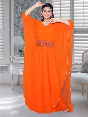 Orange Embroidered Faux Georgette Farasha