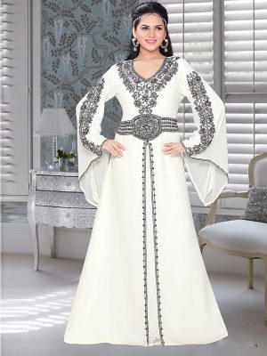 Off White Embroidered Faux Georgette Kaftan