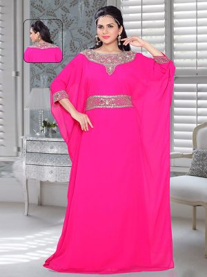 Fuchsia Pink Embroidered Faux Georgette Farasha