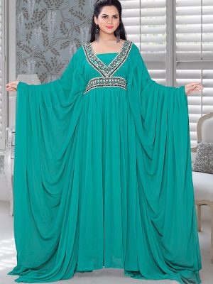 Turquoise Blue Embroidered Faux Georgette Farasha