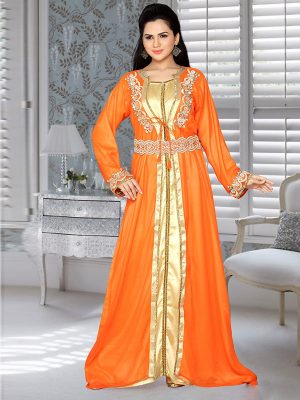 Orange And Golden Satin Embroidered Faux Georgette Kaftan