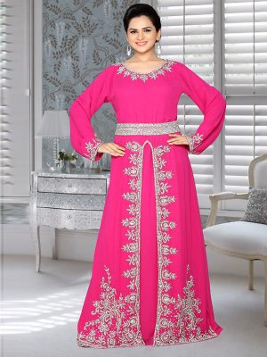 Fuchsia Pink Embroidered Faux Georgette Kaftan