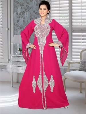 Fuchsia Pink Embroidered Faux Georgette Kaftan