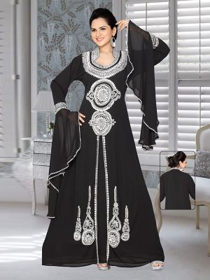 Black Embroidered Faux Georgette Kaftan