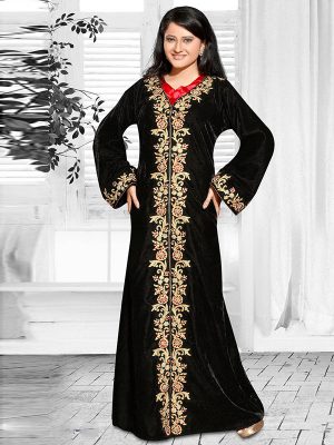 Black And Red Satin Embroidered Faux Georgette Kaftan