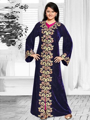 Royal Blue And Pink Satin Embroidered Faux Georgette Kaftan