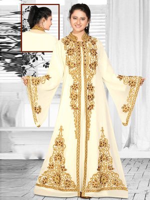 Off White Embroidered Faux Georgette Kaftan