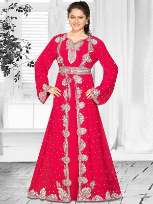 Red Embroidered Faux Georgette Kaftan