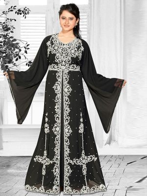 Black Embroidered Faux Georgette Kaftan