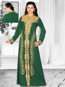 Bottle Green Embroidered Faux Georgette Kaftan