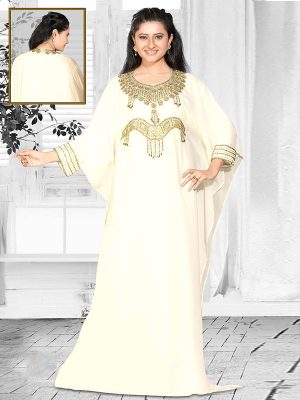 Off White Embroidered Faux Georgette Farasha