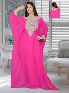 Fuchsia Pink Embroidered Faux Georgette Farasha