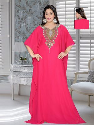 Fuchsia Pink Embroidered Faux Georgette Farasha